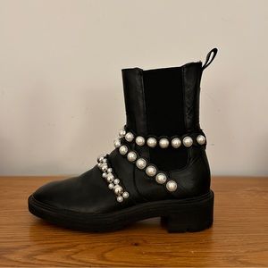 Zara Black Leather Boots with Pearl Details